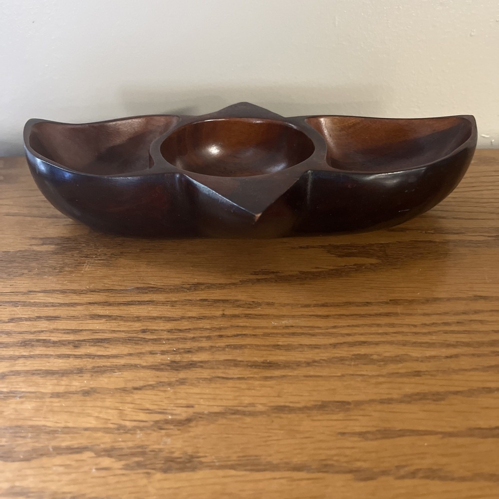Vintage Solid Wood Bowl Divided Nut Dish Coin Tray Geometric MCM Rare Shape - Picture 6 of 13